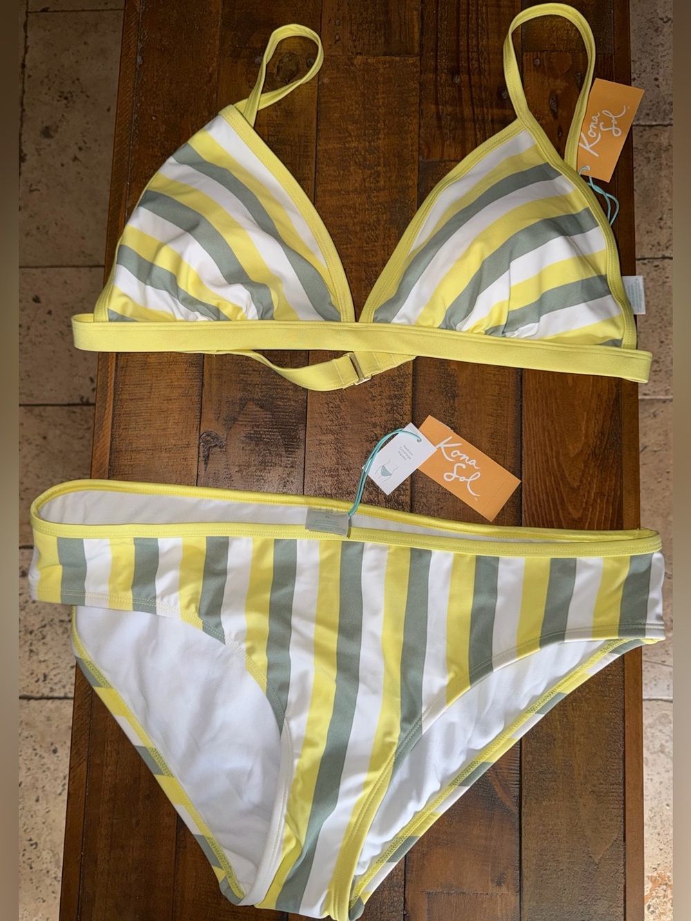Kona Sol Yellow, Sage & White Striped Bikini
